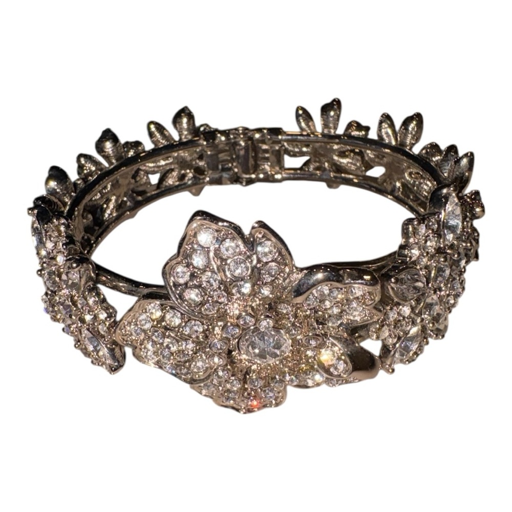 Silver Tone Rhinestone Floral Hinged Bangle Bracelet Statement J40